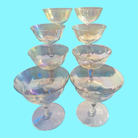 8 Fostoria Crystal Pearl Shell Iridescent Champagne Sherbert Glasses Loop Optics - Picture 13 of 16